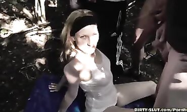 Bombshell Nicole Gets Pissed On By A Group Of Hot Guys