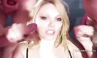 Studs Circle Around Hot Blonde Babe - Face Full Of Jizzy Squirts