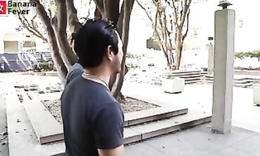 Two Asian Guys Teach a Blonde Beauty in a Threesome