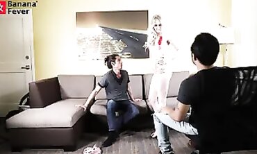 Two Asian Guys Teach a Blonde Beauty in a Threesome