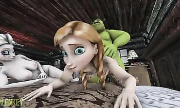 Shrek Pulverizes Elsa and Anna in a Frozen Threesome