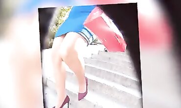 Curvy Cougar in Tight Blue Dress and Bare Stockings Upskirt