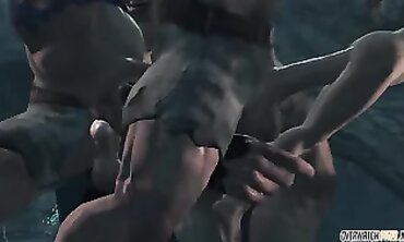 MILF Lara Croft Takes Multiple Lovers in the Hallway