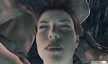 MILF Lara Croft Takes Multiple Lovers in the Hallway