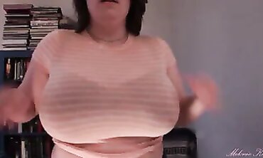 Brunette BBW Milf Shows Off Huge Tits In Sheer T-Shirt