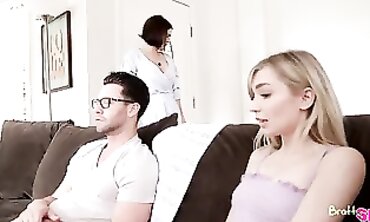 Stepbrother Gets Double Blowjob From His Busty Sister-in-Law And Friend