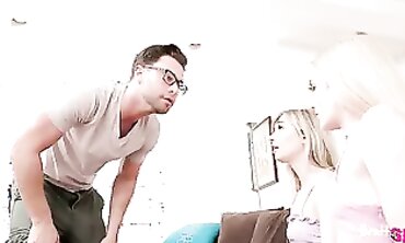 Stepbrother Gets Double Blowjob From His Busty Sister-in-Law And Friend