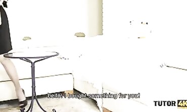 Mature Tutor Slides Paper Bag Over Blonde MILF for Deepthroat