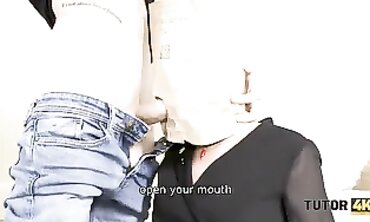 Mature Tutor Slides Paper Bag Over Blonde MILF for Deepthroat