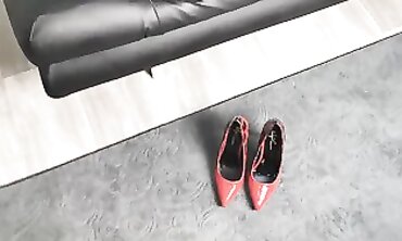 Red Secretary Gets a Slow-Mo Cumshot in High Heels