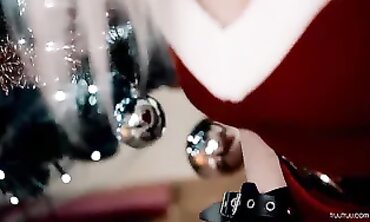 Platinum Blonde Christmas Facefuck with Jaws Spreader