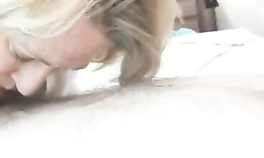 Blonde Mature Woman Gives Deep Throat Blowjob to Guy
