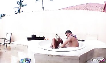 Blonde Amateur Jasmine Rouge's First Holiday Pool Sex