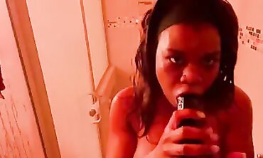 Ebony College Girl Masturbates With Dildo In Shower