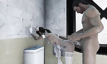 Petite Brunette Nurse Gets Anal Toilet Action