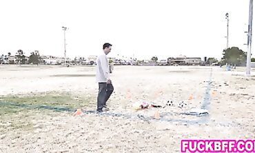 Petite Teammates Blow Their Older Coach In A Wild Group Sex Session