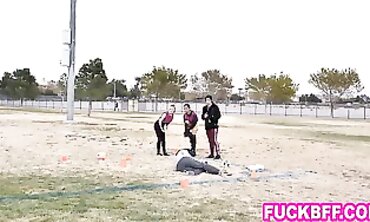 Petite Teammates Blow Their Older Coach In A Wild Group Sex Session