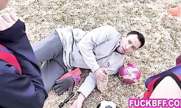 Petite Teammates Blow Their Older Coach In A Wild Group Sex Session
