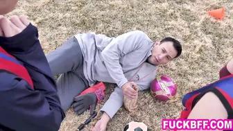 Petite Teammates Blow Their Older Coach In A Wild Group Sex Session