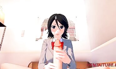Rukia Cosplay Triple Blowjob with Cum in Mouth