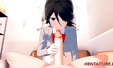 Rukia Cosplay Triple Blowjob with Cum in Mouth
