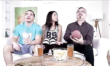 Latina Stepsister Gives Stepbro Head and Handjob in Front of Dad