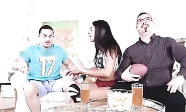 Latina Stepsister Gives Stepbro Head and Handjob in Front of Dad