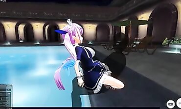 Minato Aqua Cosplay: Rough Pool Sex with Creampie