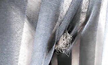 Hairy Mature Lady Flashes in Semi-Transparent Dress at the Park