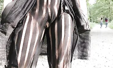 Hairy Mature Lady Flashes in Semi-Transparent Dress at the Park