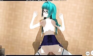 3D Anime college girl with Glasses Gets Poked by Director