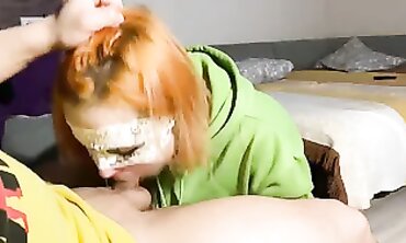 Redhead Slut Takes Deep Throat And Swallows Cum