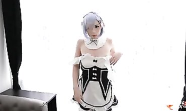 Super-Hot Maid Rem Cosplay Gives First Blowjob and Rough Sex