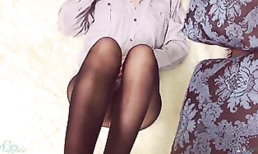 Super-Cute Milf Mom Gives a Tights Footjob and Takes Cum