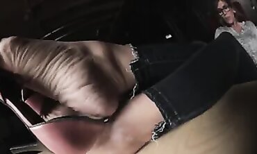 64. Noiselessly Seducing you with Pinkish High-heeled slippers.