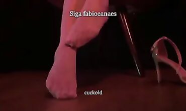 Cuckold displaying off into high high-heeled slippers undies and 7/8 socks for the