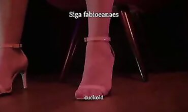 Cuckold displaying off into high high-heeled slippers undies and 7/8 socks for the