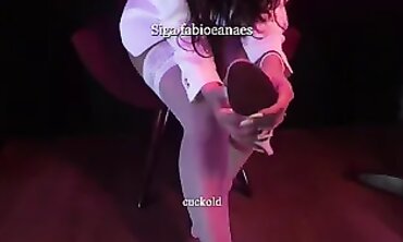 Cuckold displaying off into high high-heeled slippers undies and 7/8 socks for the