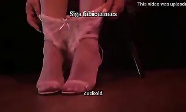 Cuckold displaying off into high high-heeled slippers undies and 7/8 socks for the