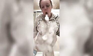 Hefty Breasted Crimson Head Masterbates inwards the bathroom while family is home