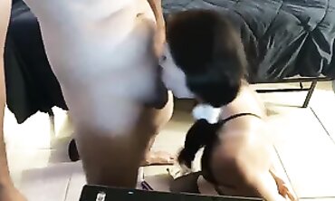 Dark Hair idolizes to blow her buddies enormous sausage