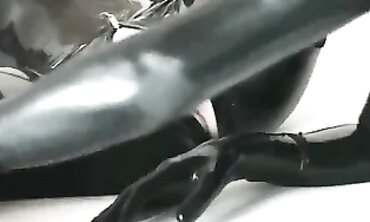 cunny with facehole Utter Encased into African vinyl Catsuit