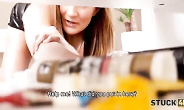 STUCK4K. Nice girlfriend is glued to the table and help