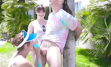 3way FFM Threesome with MILF Teens & Huge Dildos in Big Asses